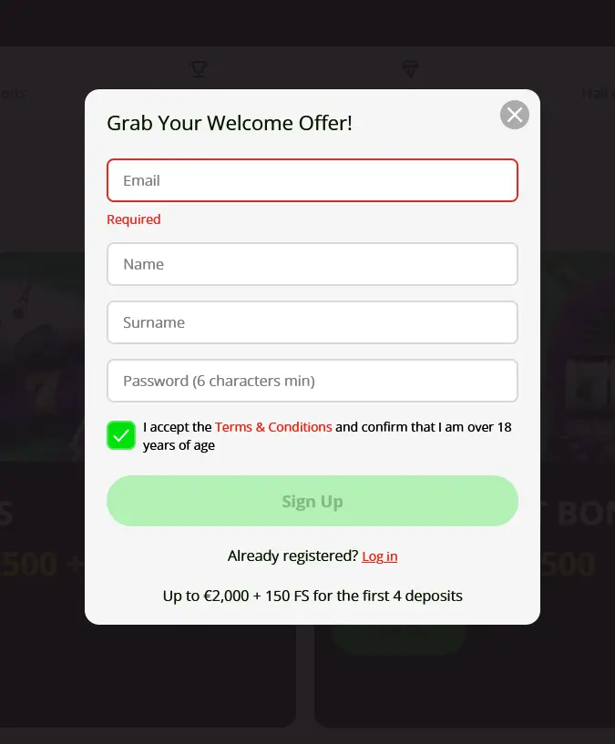 Registrační formulář nového účtu Slot7 Casino s uvítacím bonusem